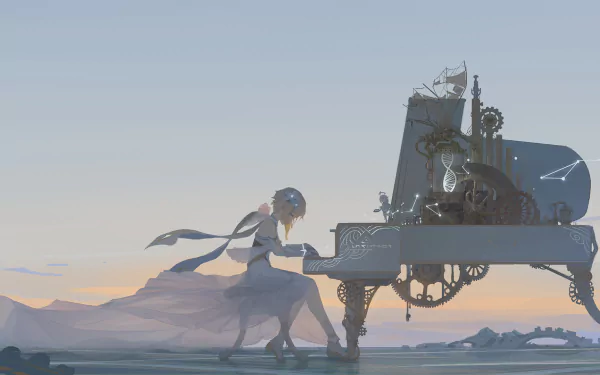 HD desktop wallpaper featuring Lumine from Genshin Impact elegantly playing a piano under a serene sky. The piano has an intricate, steampunk-inspired design.