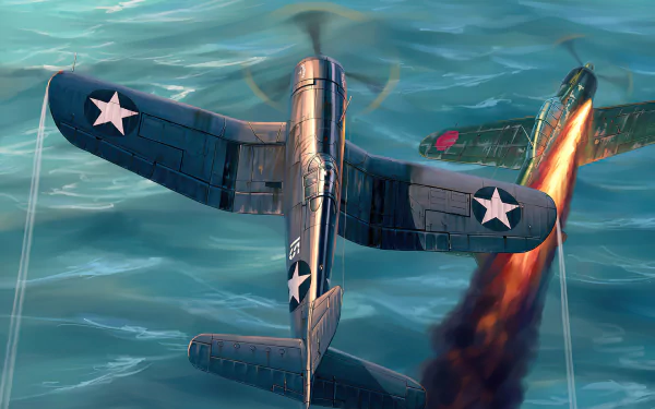 HD PC desktop wallpaper background showing a Vought F4U Corsair warplane — a dark-blue military aircraft banking over the ocean as a damaged foe trails smoke and flames.