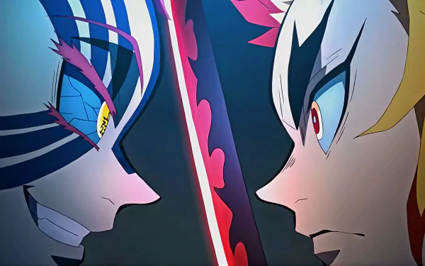 HD desktop wallpaper featuring Kyojuro Rengoku and Akaza from Demon Slayer: Kimetsu no Yaiba, showcasing an intense face-off with swords drawn.