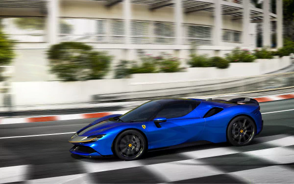 Blue Ferrari SF90 Spider supercar vehicle speeding past a pit lane, captured as a 4K Ultra HD PC desktop wallpaper background.