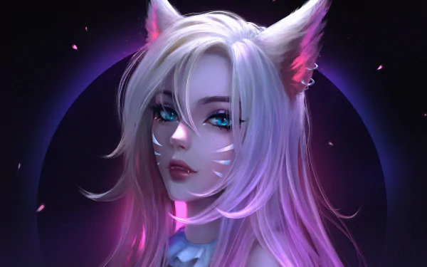 HD desktop wallpaper of Ahri from League of Legends' K/DA, featuring her with blonde hair, blue eyes, and animal ears, beautifully illustrated against a dark, glowing background.