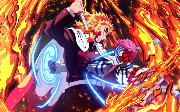 HD desktop wallpaper from Demon Slayer: Kimetsu no Yaiba featuring Kyojuro Rengoku and Akaza in a dynamic battle scene with fiery and electric effects.