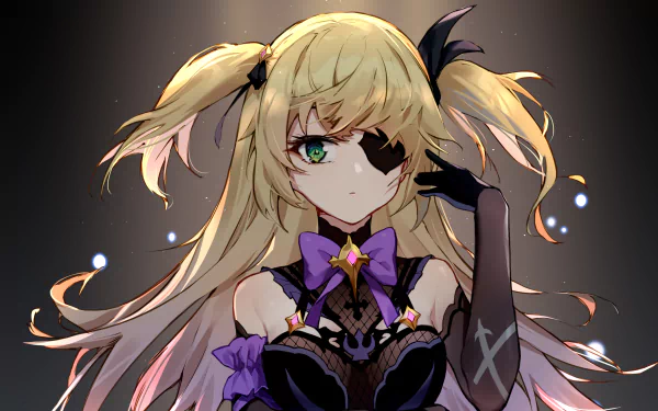 HD desktop wallpaper of Fischl from Genshin Impact, featuring her distinctive green eyes, blonde hair, and signature eye patch in a dramatic pose.