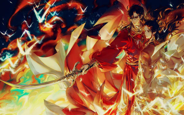 HD anime desktop wallpaper featuring Xie Lian, San Lang, and Hua Cheng from Heaven Official's Blessing (Tian Guan Ci Fu), showcasing His Royal Highness the Crown Prince of Xianle.