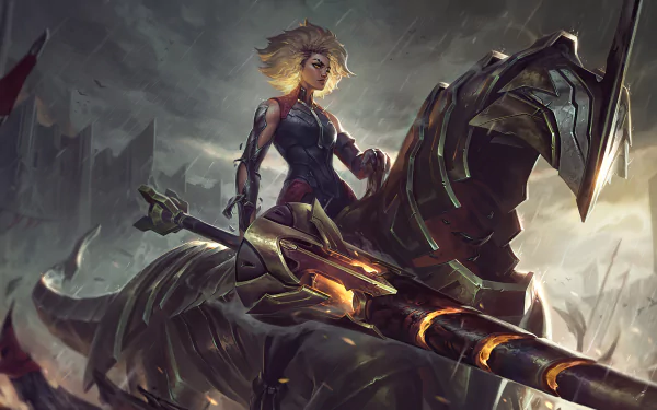 Rell from League of Legends wields her lance, riding a mechanical steed in a dark, stormy battlefield, captured in stunning 4K Ultra HD PC wallpaper quality.