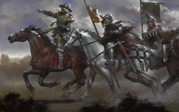 Epic fantasy scene of armored knights and a warrior on horseback charging through a battlefield, rendered in stunning 4K Ultra HD detail for PC desktop wallpaper.