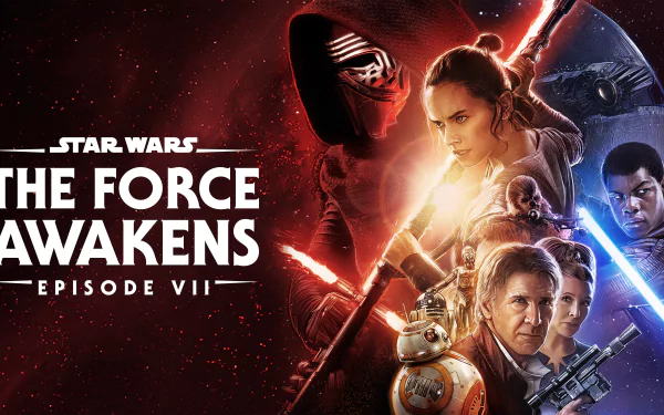 Star Wars movie 4K Ultra HD PC desktop wallpaper: The Force Awakens (Episode VII) — Rey, Kylo Ren, Finn, Han, Leia and BB-8 amid red and blue lightsaber glow.