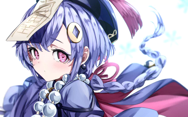 HD PC desktop wallpaper featuring Qiqi from the video game Genshin Impact, showcasing her detailed outfit and serene expression against a soft background.