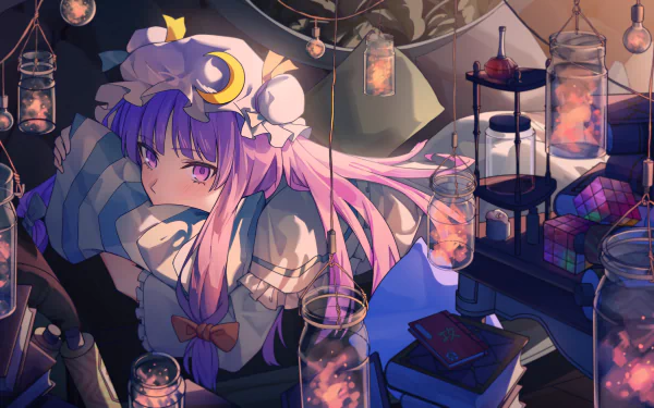 Anime-style 4K Ultra HD wallpaper of Patchouli Knowledge from Touhou, featuring long purple hair and purple eyes in a dimly lit, magical laboratory setting.