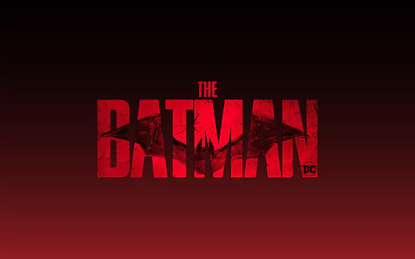 The Batman logo from the DC Comics movie is displayed in bold red text on a dark gradient background, designed as a 4K Ultra HD PC desktop wallpaper.