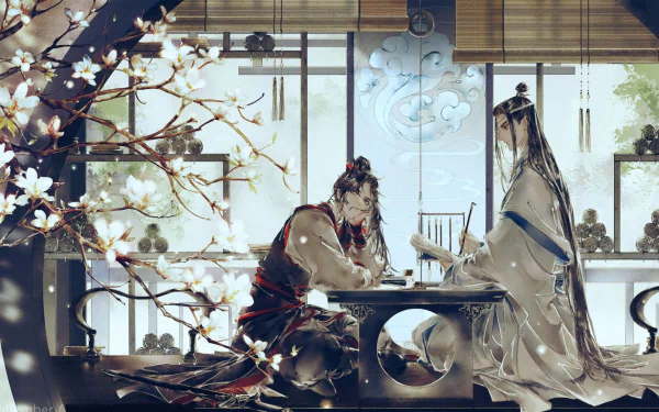 HD PC wallpaper featuring anime characters Wei Wuxian and Lan Wangji from Mo Dao Zu Shi, seated at a table in a serene, traditional setting with blooming branches.