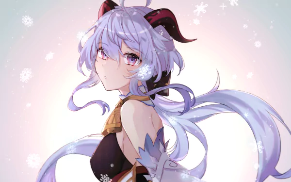 HD desktop wallpaper and background featuring Ganyu from the video game Genshin Impact, with a soft pastel backdrop and falling snowflakes.