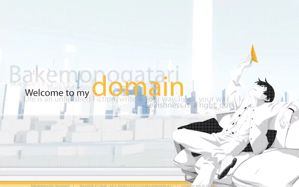 A stylish HD wallpaper featuring Koyomi Araragi from the Monogatari series, showcasing his black hair and a serene urban backdrop with the text Welcome to my domain.