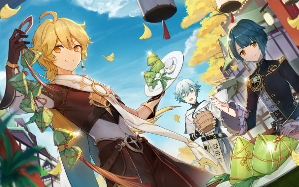 4K Ultra HD Genshin Impact PC wallpaper featuring characters Aether, Chongyun, and Xingqiu enjoying an autumn setting with colorful leaves and festive lanterns.