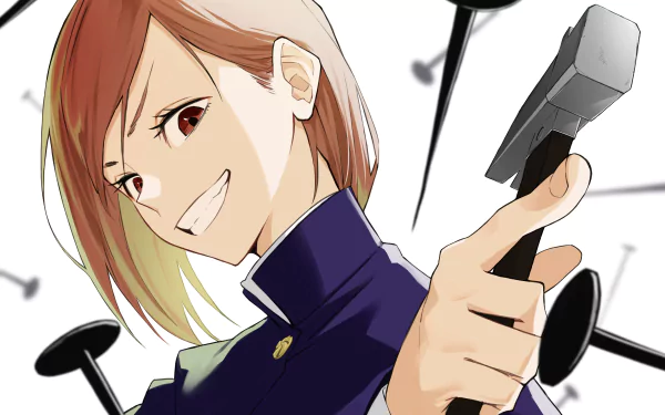 HD desktop wallpaper featuring Nobara Kugisaki from Jujutsu Kaisen, smiling and holding a hammer, with a dynamic background of flying nails.