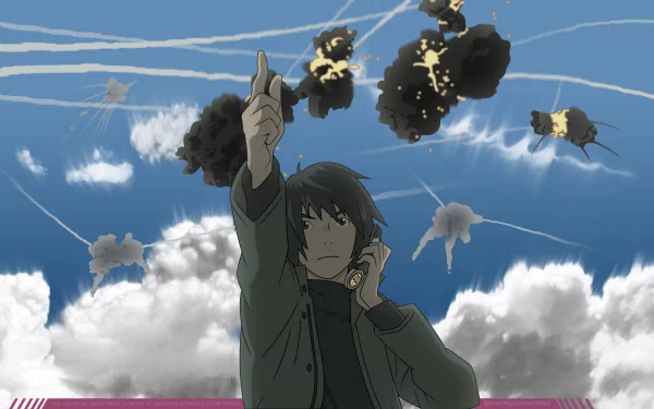 HD PC desktop wallpaper — Eden of the East: Akira Takizawa points skyward amid explosive drones, contrails and dramatic clouds under a vivid blue sky.