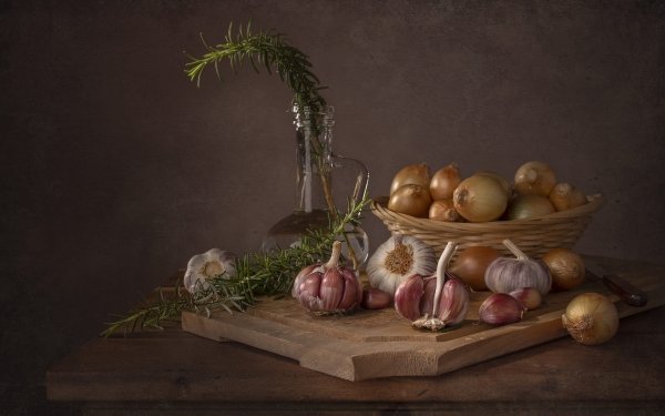 Food Still Life Onion Garlic Jug Knife HD Wallpaper | Background Image
