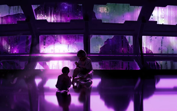 4K Ultra HD PC desktop wallpaper — anime night scene: a child and companion sit on a reflective floor by a rain-streaked panoramic window, neon purple city skyline beyond.