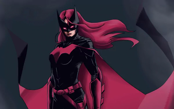 Kate Kane as DC Comics' Batwoman: comic-style portrait with flowing red hair, black-and-red suit and cape — 4K Ultra HD PC desktop wallpaper/background.