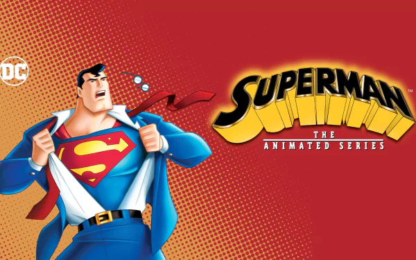 Clark Kent rips open his shirt to reveal the Superman emblem beside the Superman: The Animated Series TV show logo on a red gradient — 4K Ultra HD PC wallpaper.