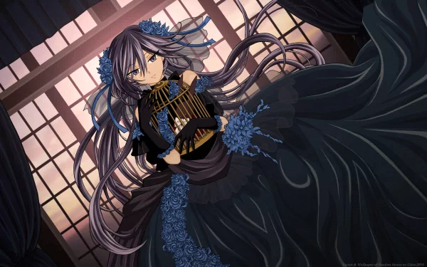 A beautifully detailed HD wallpaper from the anime Pandora Hearts, featuring a character in an elegant black gown adorned with blue roses, set against a dramatic backdrop.