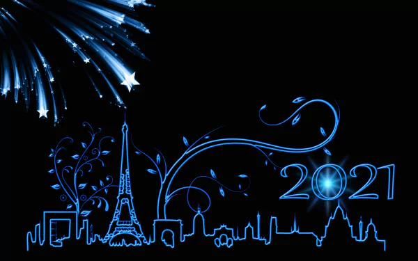 5K Ultra HD vector wallpaper: blue Eiffel Tower and Paris, France skyline outlined with fireworks and decorative swirls celebrating New Year 2021 holiday.