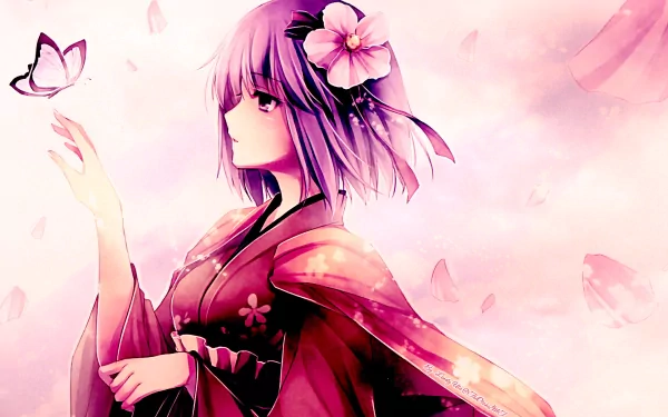 Hieda no Akyuu from Touhou is depicted in this anime-inspired HD desktop wallpaper, featuring a serene pose with a butterfly and a soft pastel background adorned with petals.