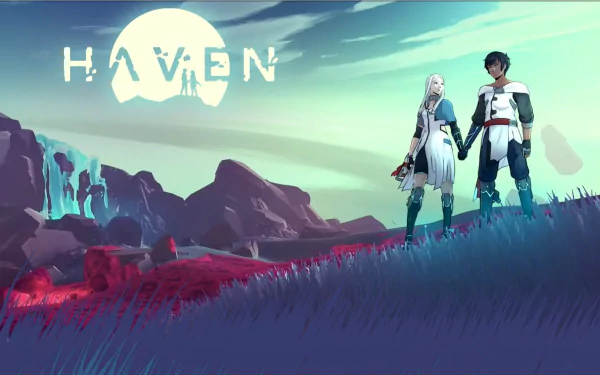 HD desktop wallpaper of Haven featuring two characters holding hands against a stylized landscape with the game's logo in the sky.