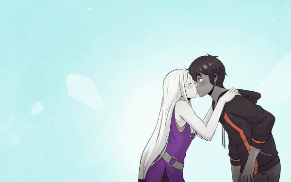 HD desktop wallpaper of an animated couple kissing, set against a soft teal background with floating ice crystals. Tagged with Haven.