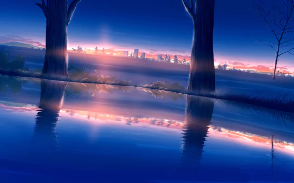 Anime-style winter sunset over a tranquil riverbank, with city lights glowing in the distance, rendered in vibrant 4K Ultra HD for a stunning desktop wallpaper.