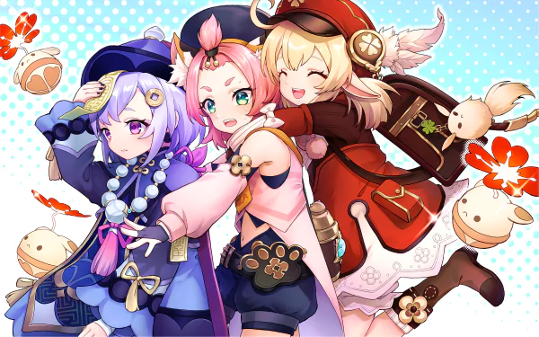 2K Quad HD PC wallpaper of video game Genshin Impact characters Diona, Qiqi, and Klee in playful poses with pastries on a polka-dot backdrop.