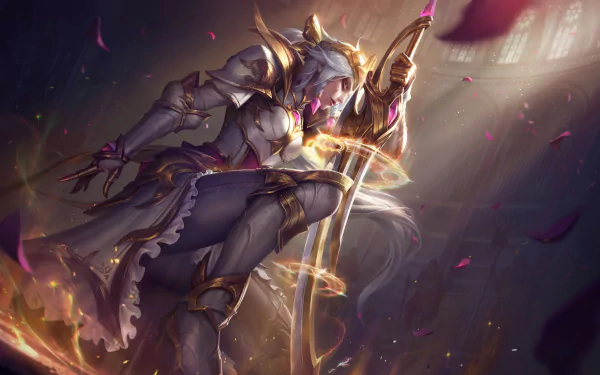 Diana from League of Legends poised with her crescent blade in a dynamic, detailed 8K Ultra HD video game wallpaper for PC desktop background.