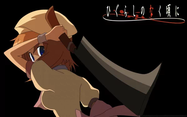 HD PC desktop wallpaper/background — Rena Ryūgū (Higurashi When They Cry) raising a large cleaver on a black background, series title in Japanese at the top.