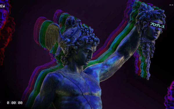 4K Ultra HD PC desktop wallpaper: vaporwave, neon-glitched classical statue holding Medusa's head, artistic RGB echoes and glitch layers on a dark surreal background.