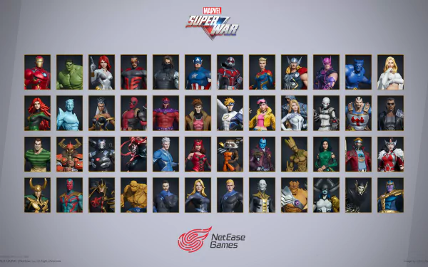 HD PC desktop wallpaper and background for the video game Marvel Super War, showing a grid of hero and villain portraits with the Marvel Super War and NetEase Games logos.