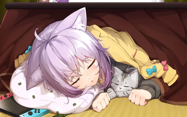 Anime character with purple hair, cat ears, and a hololive member, Nekomata Okayu, sleeping peacefully with a cat. The HD desktop wallpaper captures a cozy, serene moment.