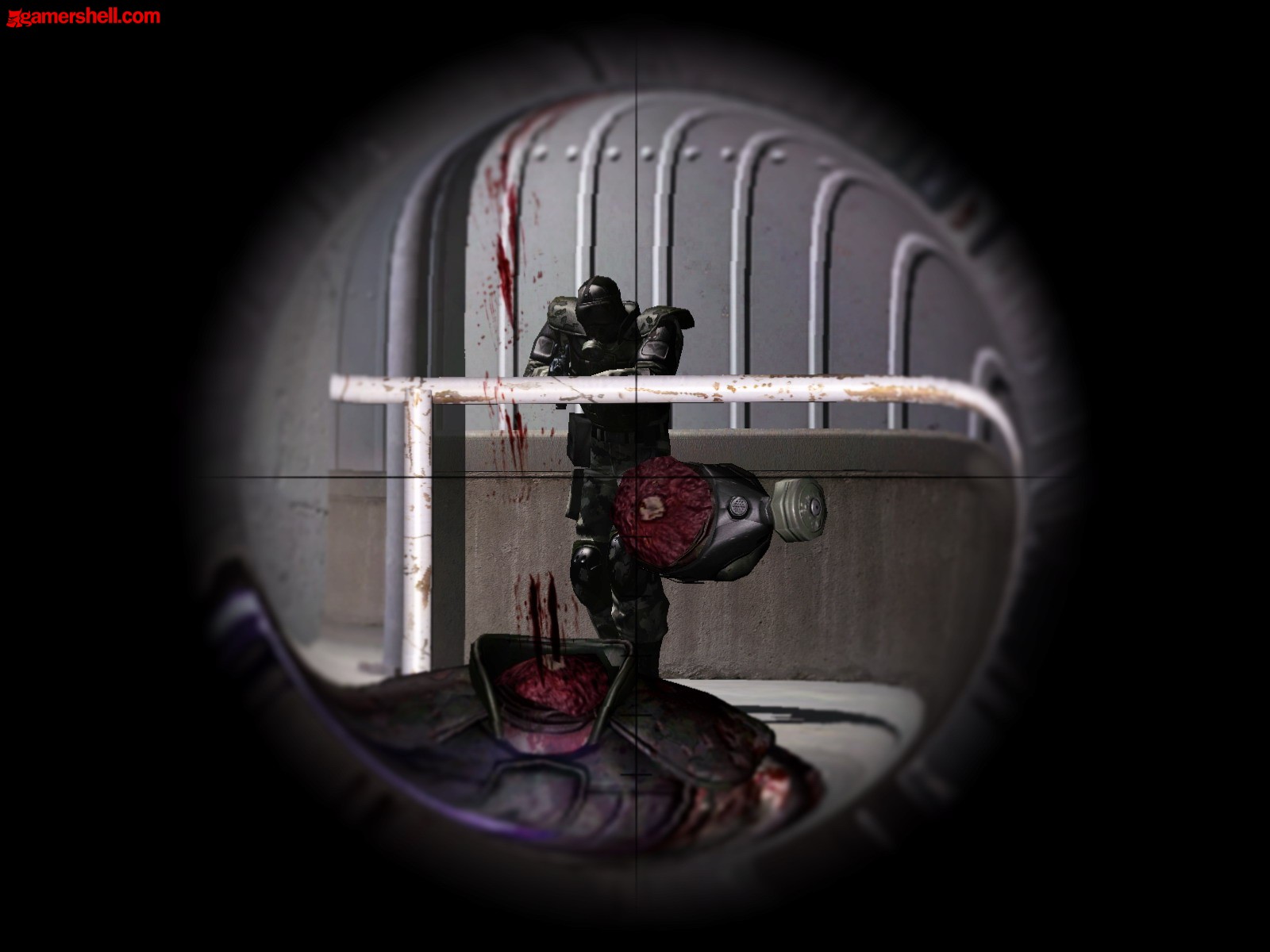 F.E.A.R. sniper in dark surroundings, wearing a bloodied mask; a soldier ready for action.