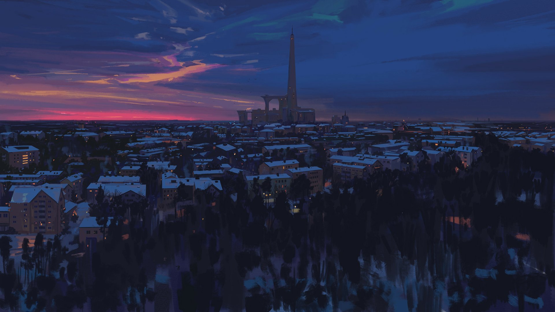 HD anime cityscape at night with a glowing skyline under a twilight sky, capturing the vibrant and serene atmosphere of an urban anime night scene.