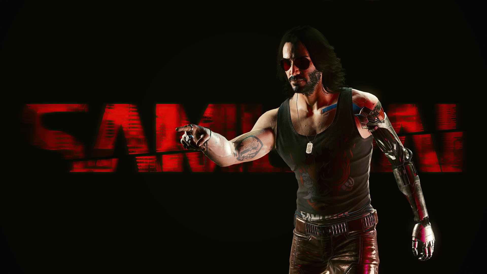 4K Ultra HD Cyberpunk 2077 PC wallpaper featuring Johnny Silverhand, portrayed by Keanu Reeves, standing with a cybernetic arm against a dark, red-accented background.