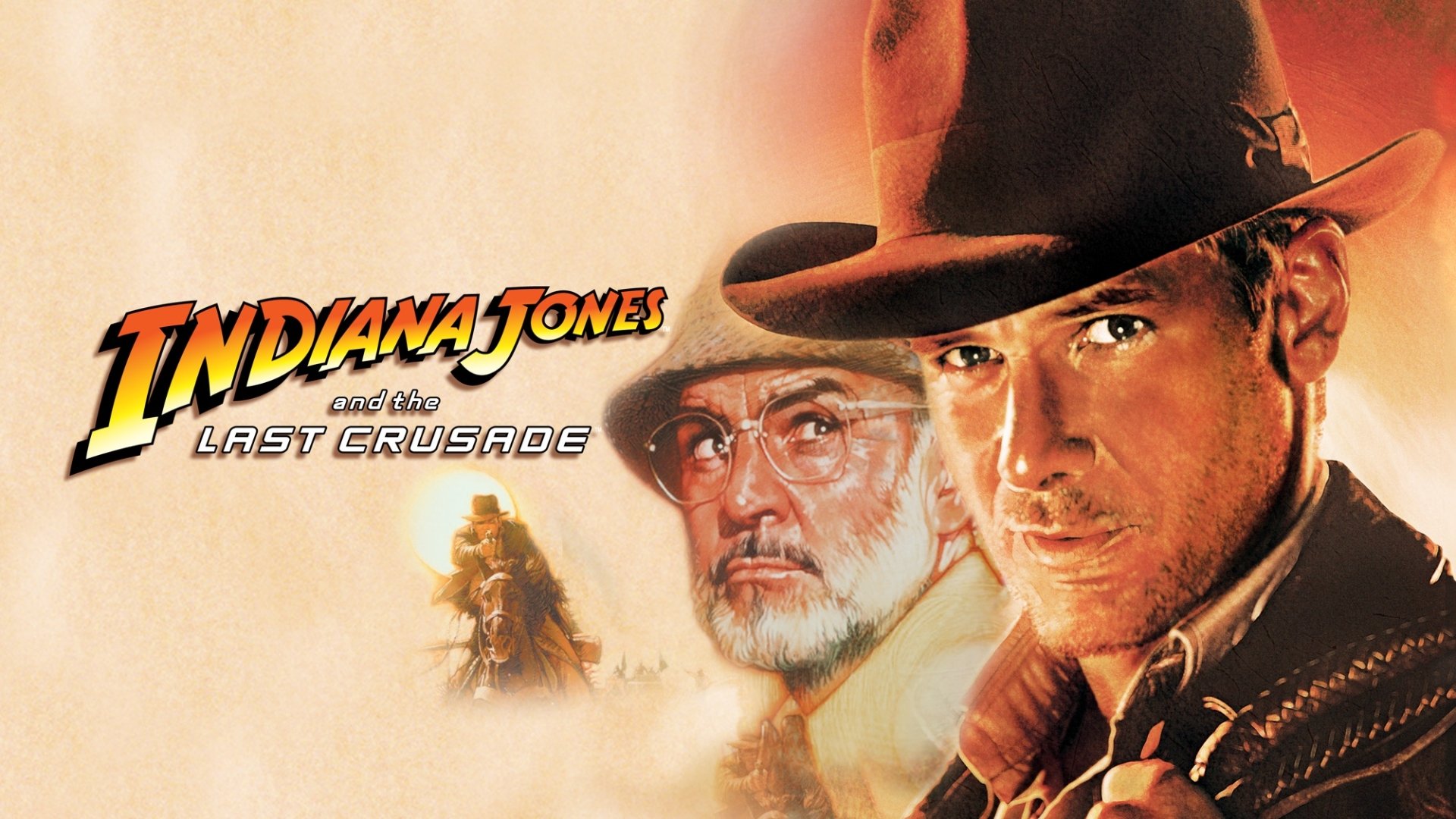 HD desktop wallpaper of the Indiana Jones and the Last Crusade poster: a fedora-clad adventurer and an older man framed beside the film logo.