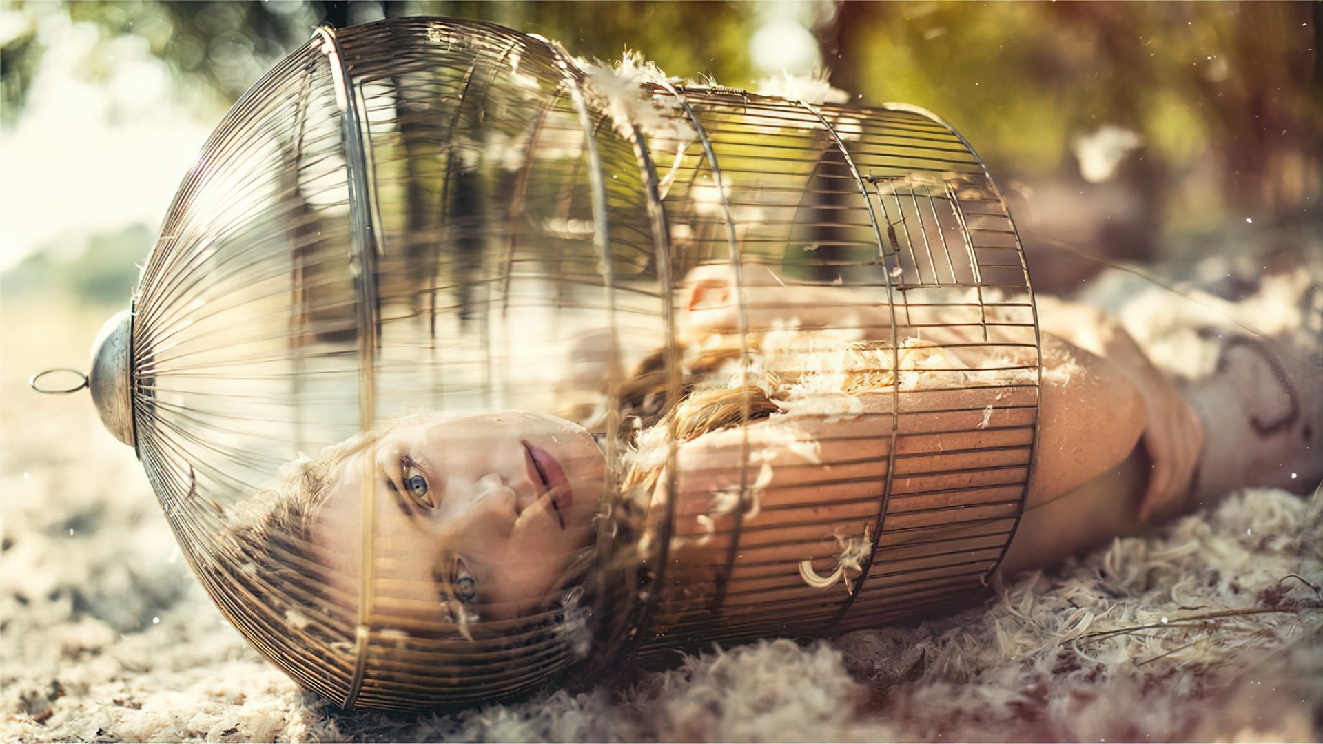 Download Outdoor Blonde Blue Eyes Feather Cage Woman Model HD Wallpaper by ezorenier