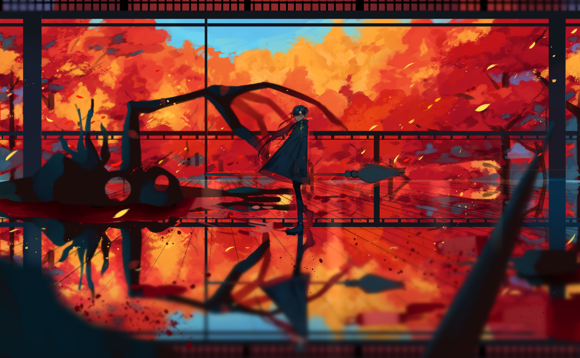 HD wallpaper of an anime girl standing amidst vibrant red and orange autumn trees, reflecting on a glassy surface. A striking blend of natural beauty and artistic animation creates a captivating background.
