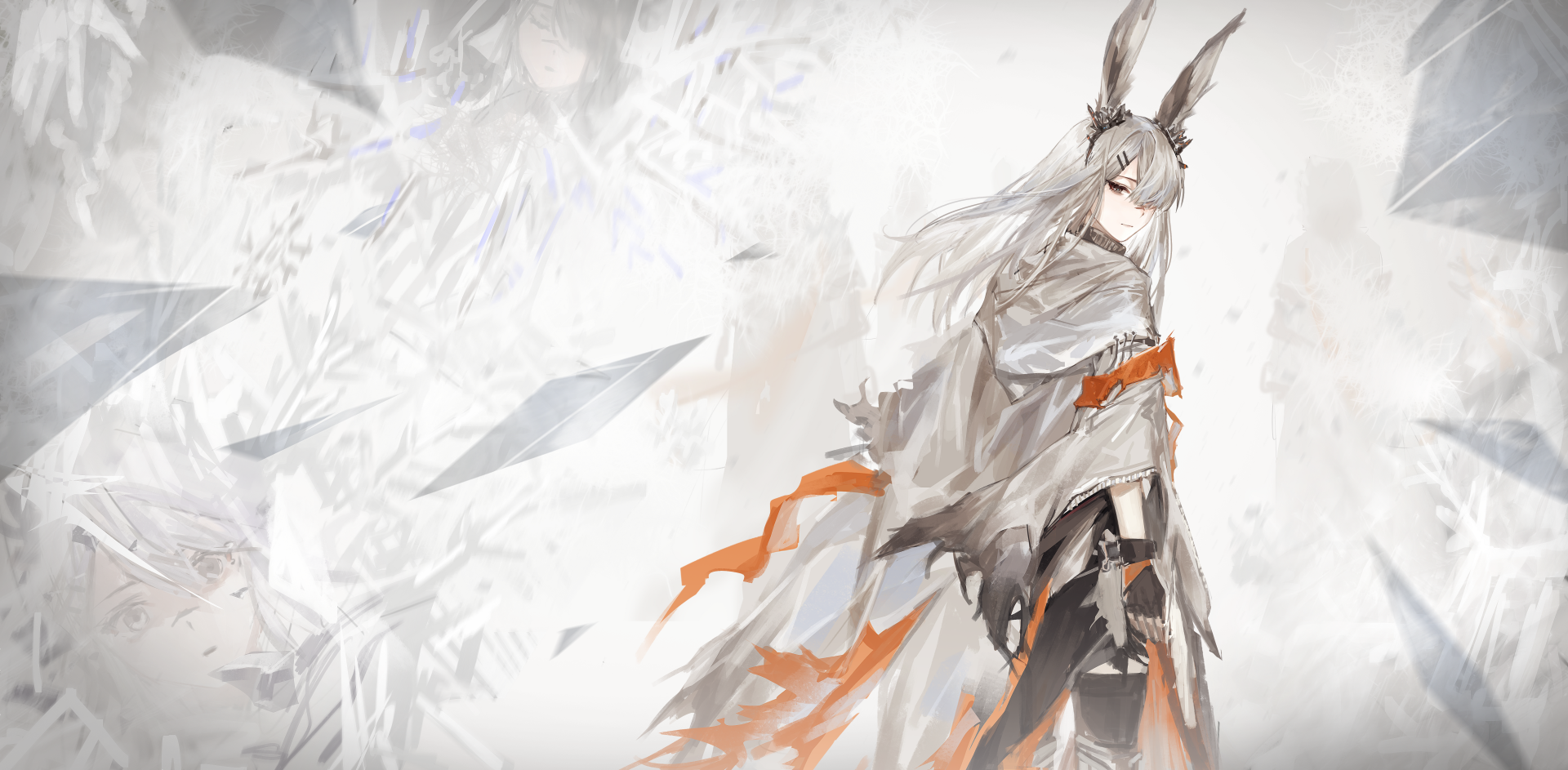 Frostnova (Arknights) with long animal ears and a flowing white-orange cloak amid crystalline snow and shards — Arknights video game 5K Ultra HD PC desktop wallpaper.