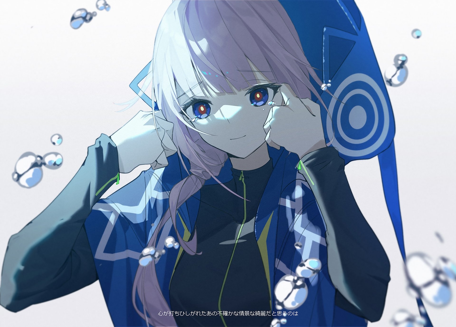 HD anime wallpaper featuring a girl with light purple hair and striking eyes, surrounded by floating bubbles, set against a soft, abstract background.