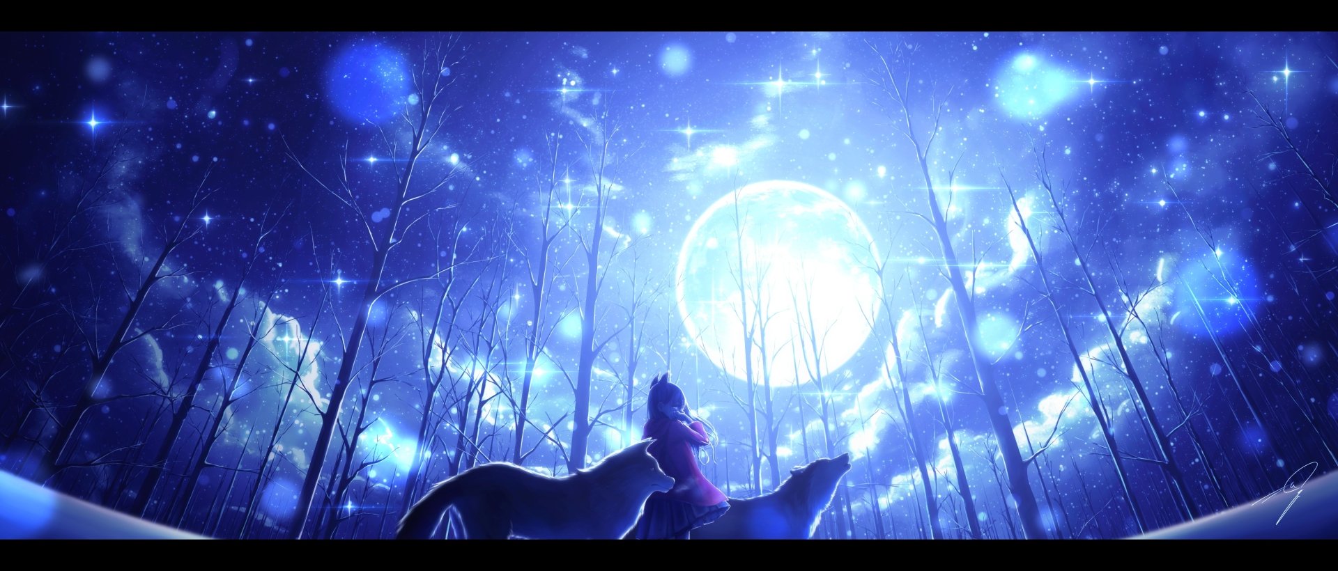 Anime-style HD PC desktop wallpaper featuring a glowing full moon in a starry night sky with silhouettes of a girl and two wolves in a mystical forest.