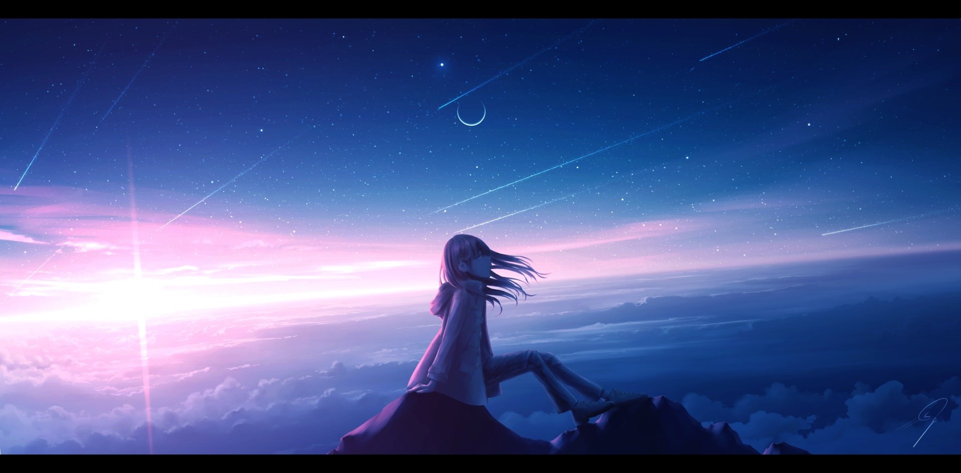 HD anime desktop wallpaper featuring an anime girl sitting on a rocky ledge under a twilight sky with stars and shooting stars.