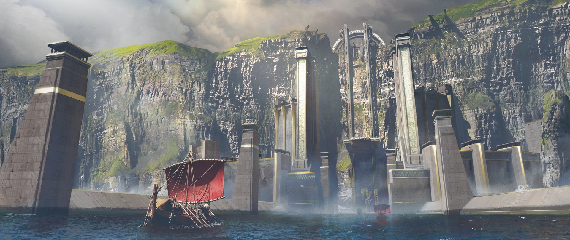 HD fantasy desktop wallpaper featuring a majestic city built into towering mountains by the water, with boats sailing through misty, atmospheric surroundings.