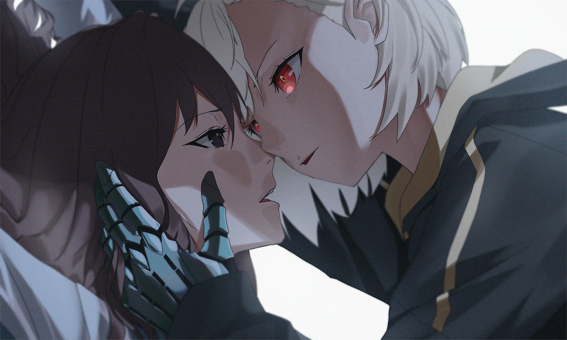 HD anime desktop wallpaper featuring a close, intimate moment between a dark-haired and a white-haired anime couple with striking red eyes.