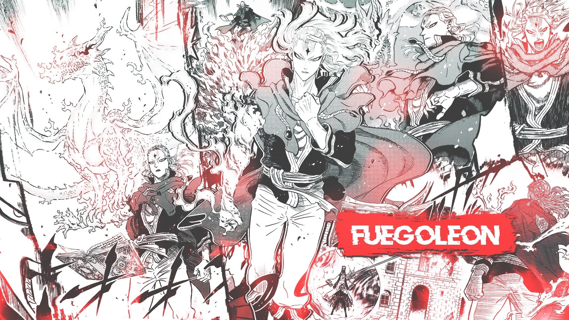 HD PC desktop wallpaper featuring Fuegoleon Vermillion from the anime Black Clover in dynamic poses with fiery effects and bold red accents.