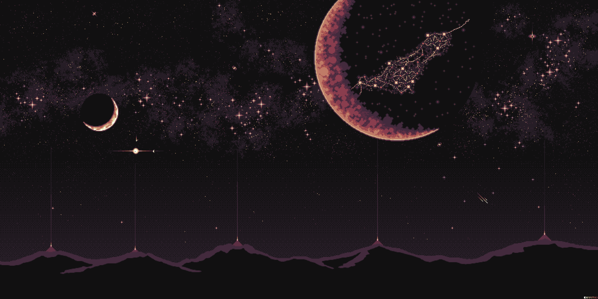Pixel art depicting a starry night with a large moon, constellations, and a mountainous silhouette, designed as a high-definition PC desktop wallpaper and background.